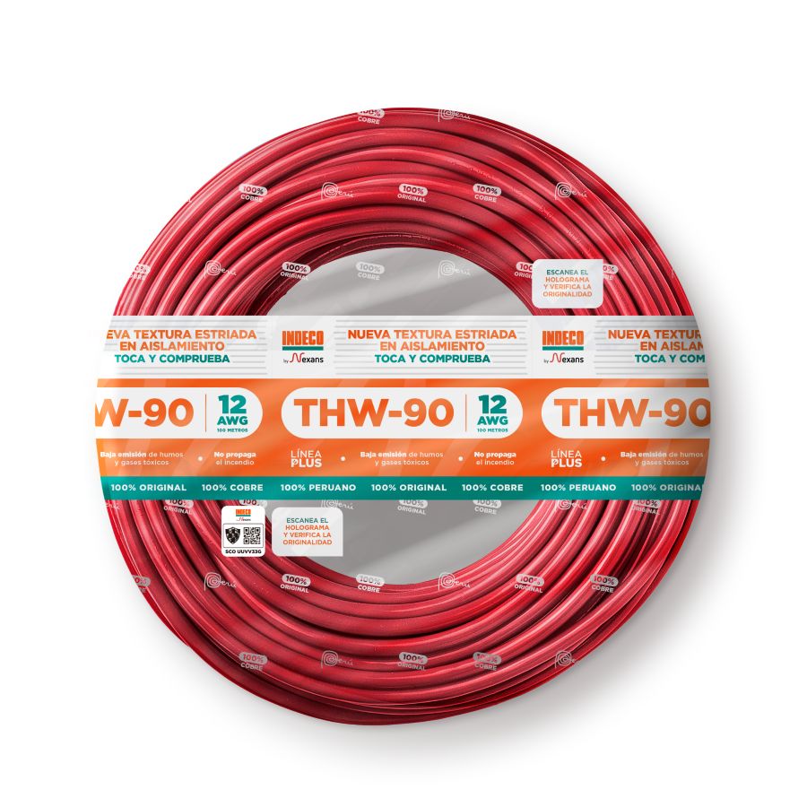 CONDUCTOR ELECTRICO ESTRIADO 750V PVC 12AWG ROJO THW-90 + PLUS