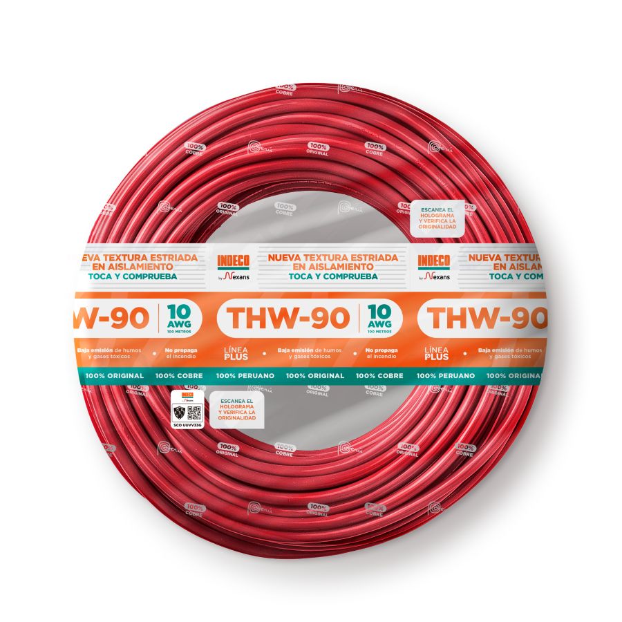 CONDUCTOR ELECTRICO ESTRIADO 750V PVC 10AWG ROJO THW-90 + PLUS