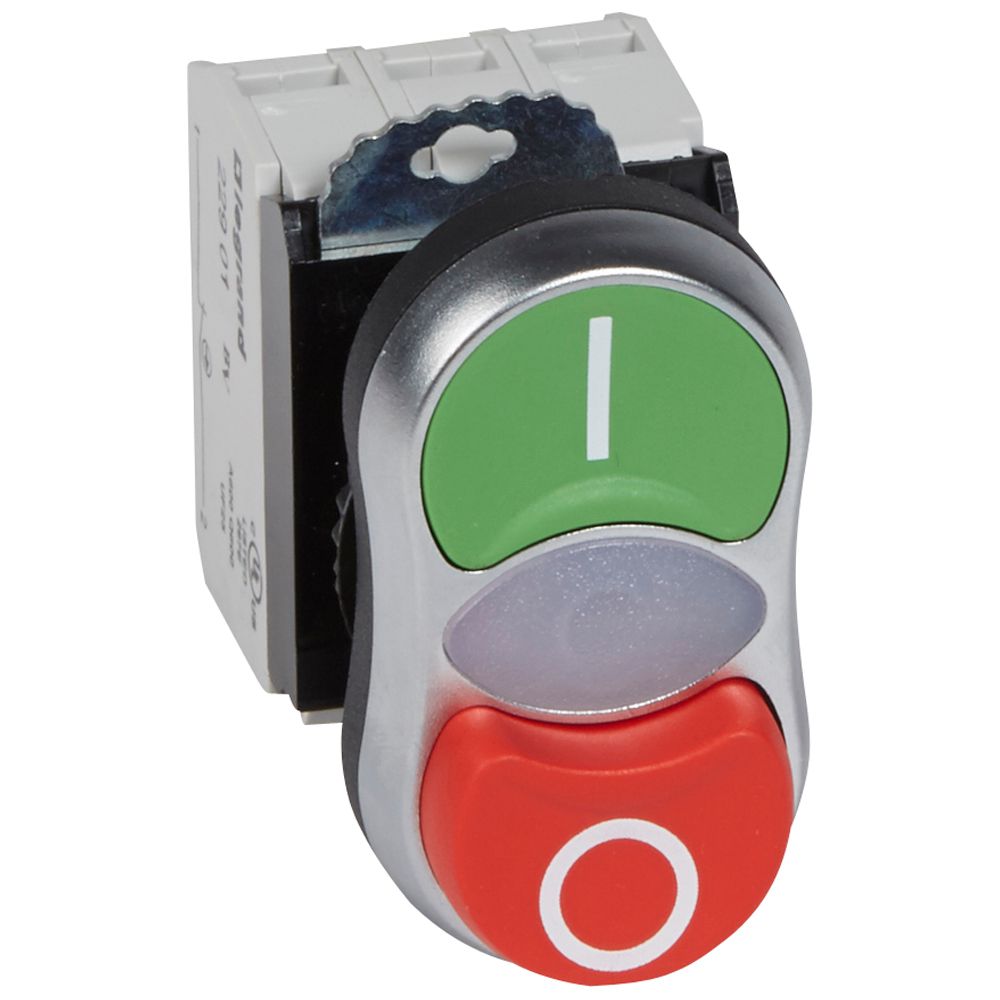 PULSADOR LUMIN. DOBLE METAL VERDE/ROJO 22MM 230VAC C/LED 1NA+1NC OZMOS 023767
