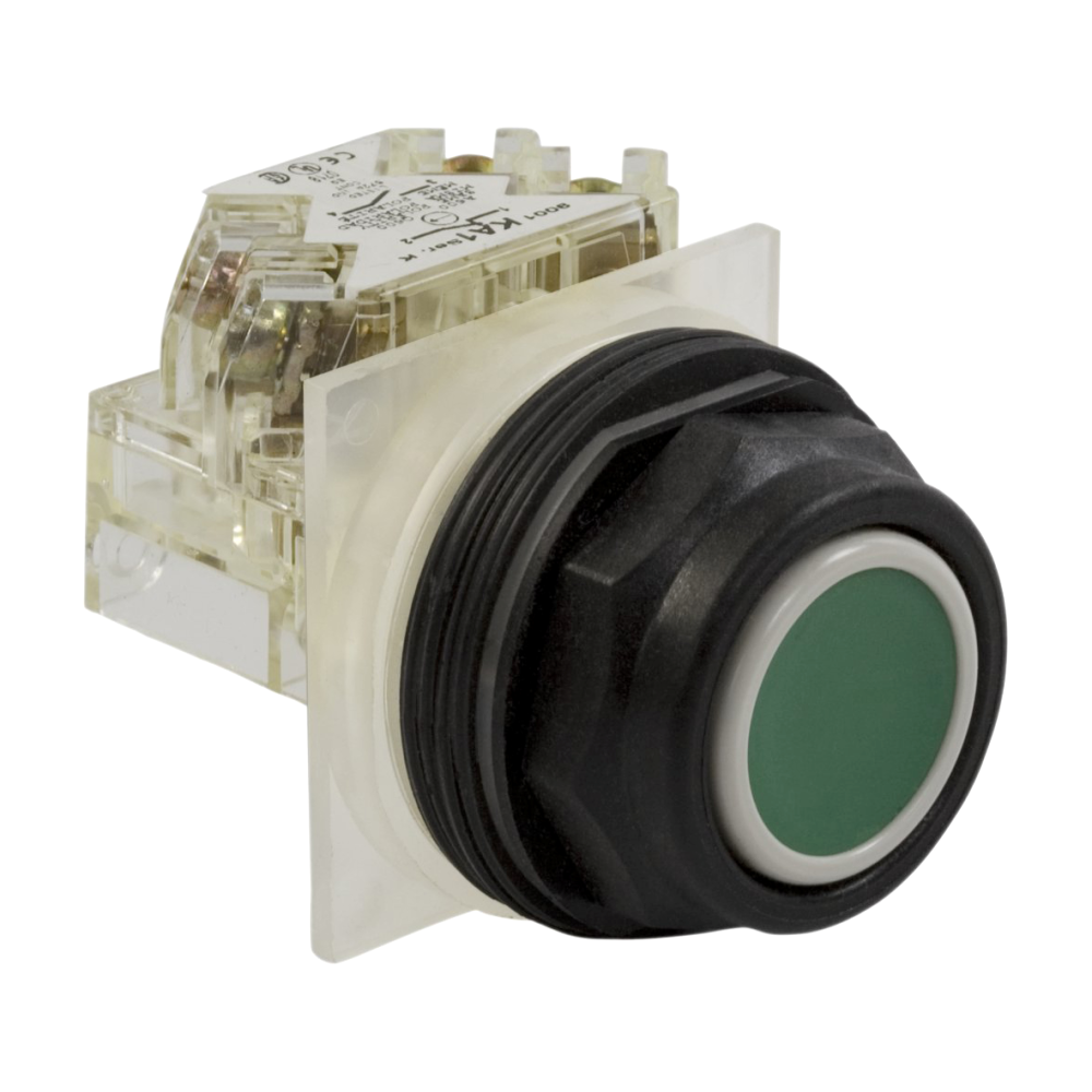 PULSADOR RASANTE PLAST VERDE 30MM S/LAMP 1NA+1NC HARMONY 9001SKR1GH13