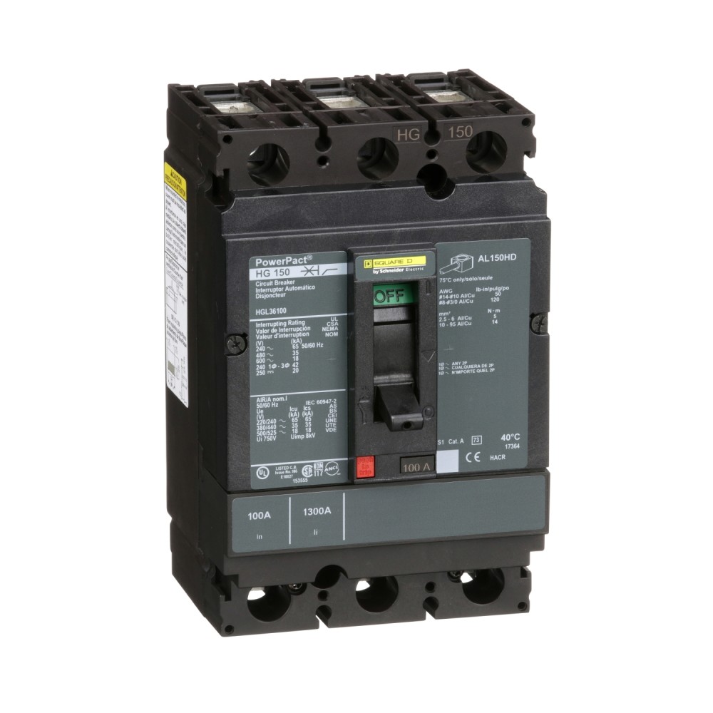 INTERRUPTOR AUT CAJA MOLD 3P FIJO 100A 35KA 480VAC POWERPACT H HGL36100