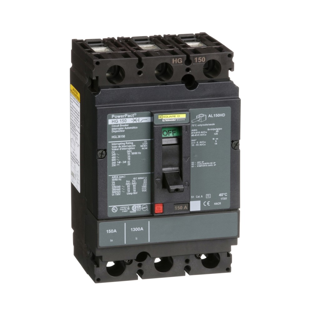 INTERRUPTOR TERMOMAGNETICO 3x150A, 35kA a 480V, HGL 36150 SQUARE´D