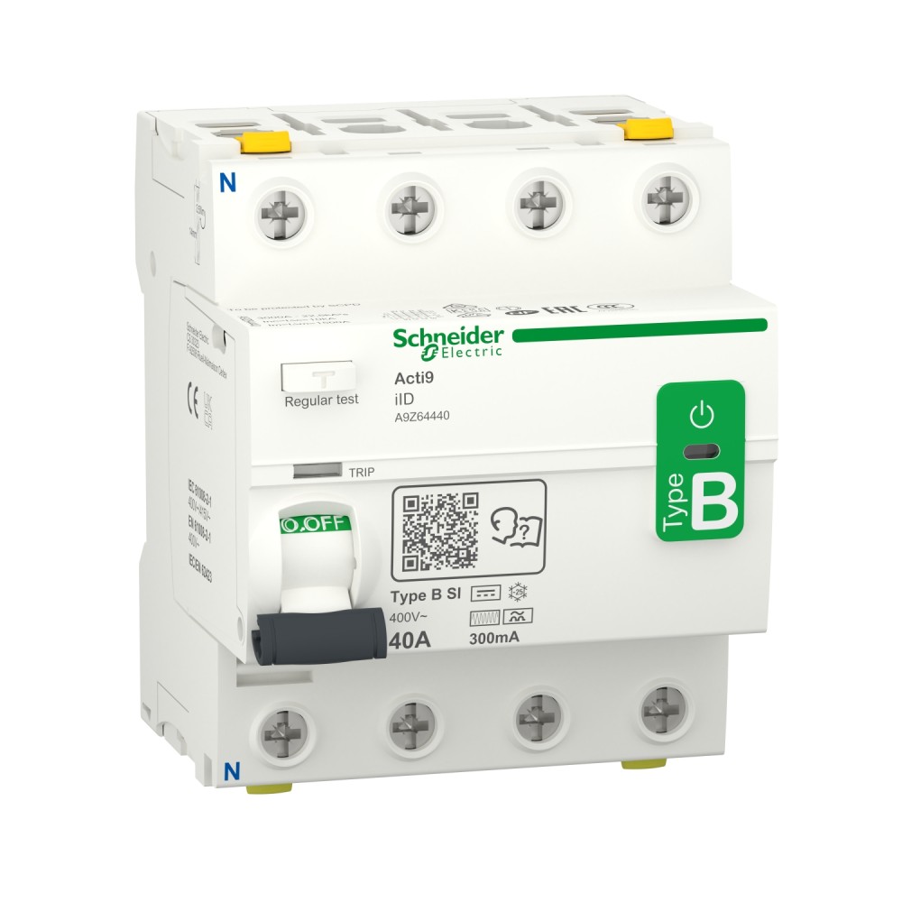 INTERRUPTOR DIFERENCIAL 4P 40A 400VAC 300MA TIPO B-SI ACTI 9 IID A9Z64440