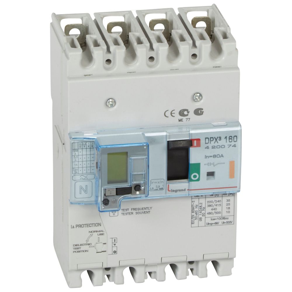 INTERRUPTOR TERMOMAG DIFERENCIAL 4P 80A 400VAC 25KA C/PANTALLA LCD DPX3 420074