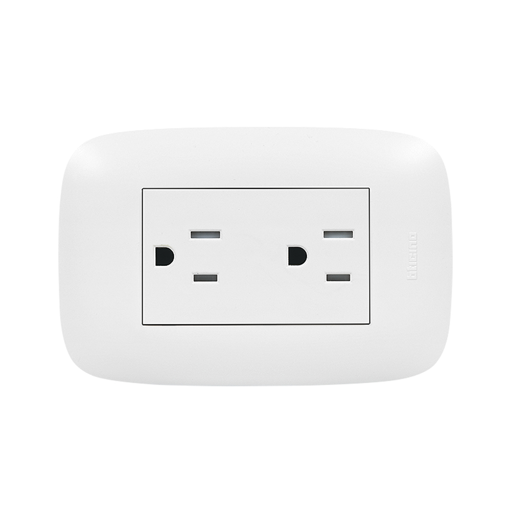 TOMACORRIENTE DOBLE AMERICANO BLANCO 2P+T 15A 250V PLACA BLANCA DOMINO SENCIA AP1228