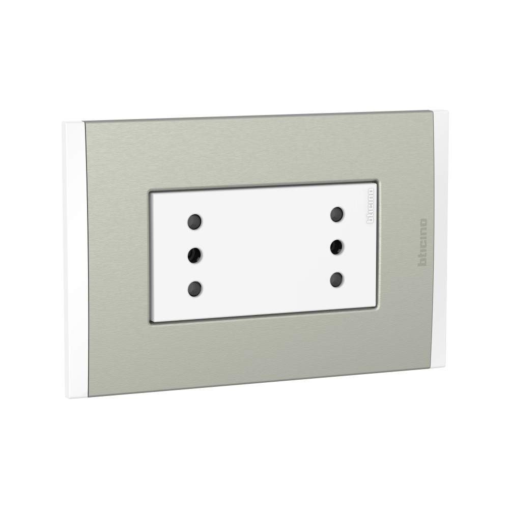 TOMACORRIENTE DUPLEX 3 EN LINEA BLANCO 2P+T 10A 250V C/PLACA ALUM CHAMPAGNE MODUS4 AH2113E2BMC