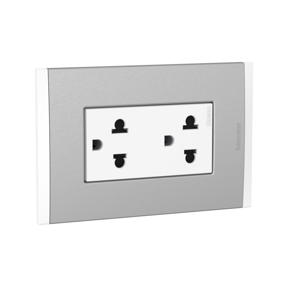 TOMACORRIENTE DUPLEX UNIVERSAL BLANCO 2P+T 16A 250V C/PLACA ALUM TITANIO BL MODUS4 AH2212TREBMT