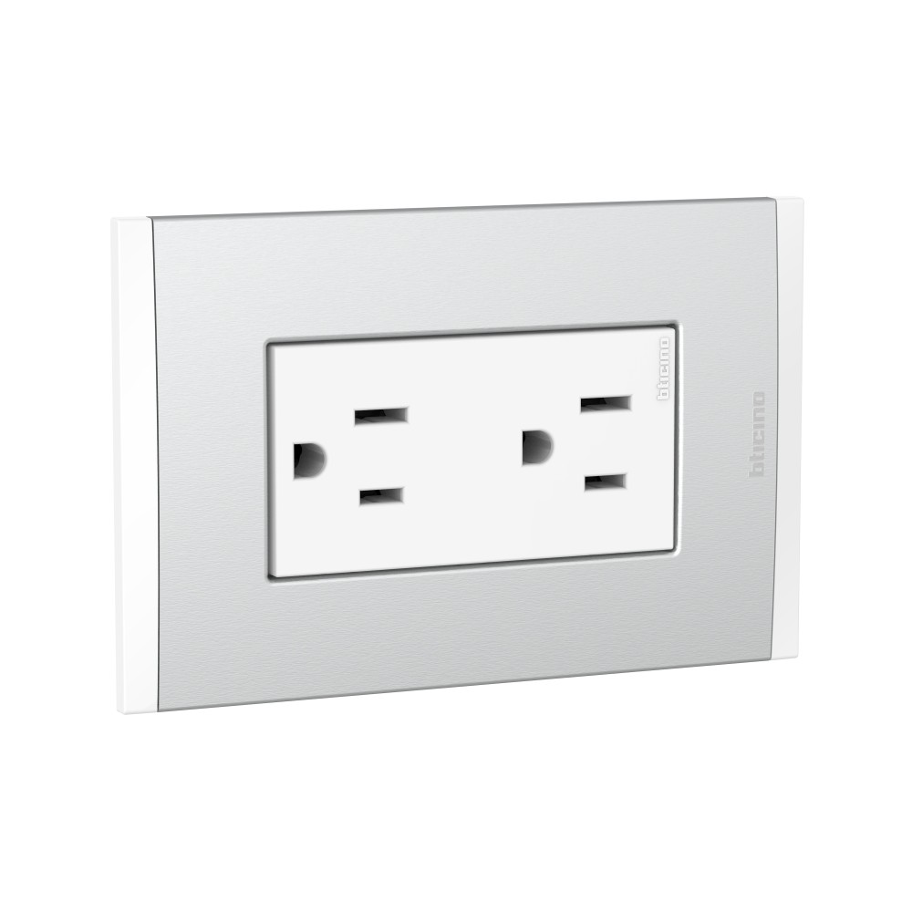 TOMACORRIENTE DUPLEX AMERICANO BLANCO 2P+T 16A 250V C/PLACA ALUM NAT MODUS4 AH2228EBMN