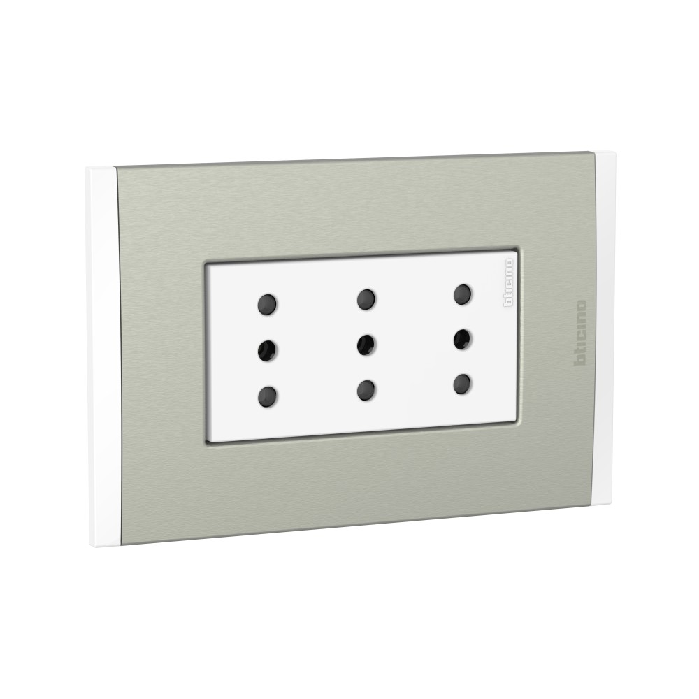 TOMACORRIENTE TRIPLEX 3 EN LINEA BLANCO 2P+T 10A 250V C/PLACA ALUM CHAMPAGNE MODUS4 AH2113E3BMC