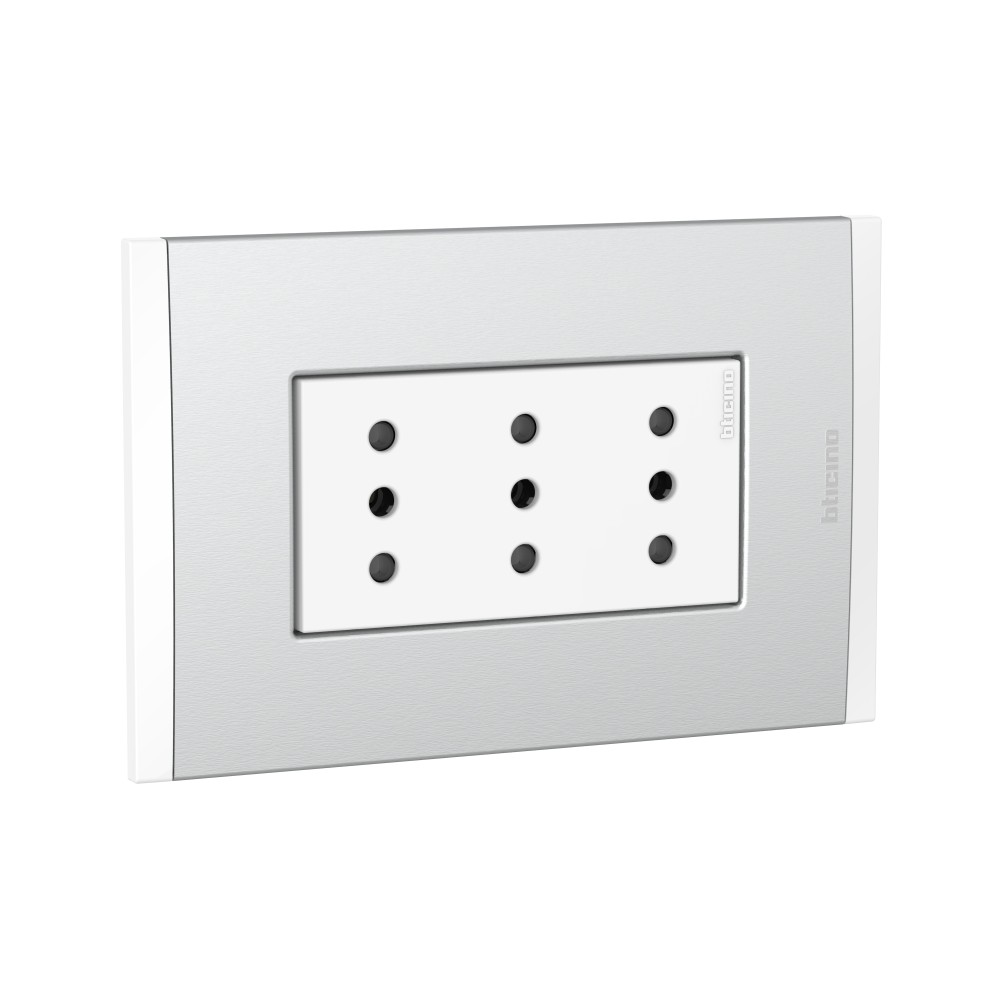 TOMACORRIENTE TRIPLEX 3 EN LINEA BLANCO 2P+T 10A 250V C/PLACA ALUM NAT MODUS4 AH2113E3BMN