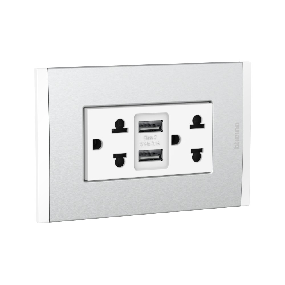 TOMACORRIENTE DUPLEX UNIVERSAL+2 USB TIPO A BLANCO 2P+T 16A 250V PLACA ALUM NAT MODUS4 AH2375USBEBMN