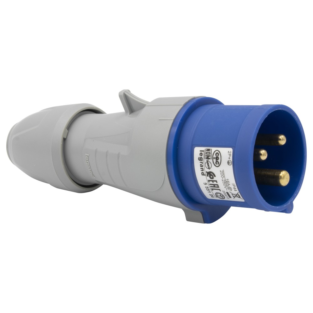 ENCHUFE IND AEREO 2P+T 16A 200/250VAC AZUL 6H IP44 555124