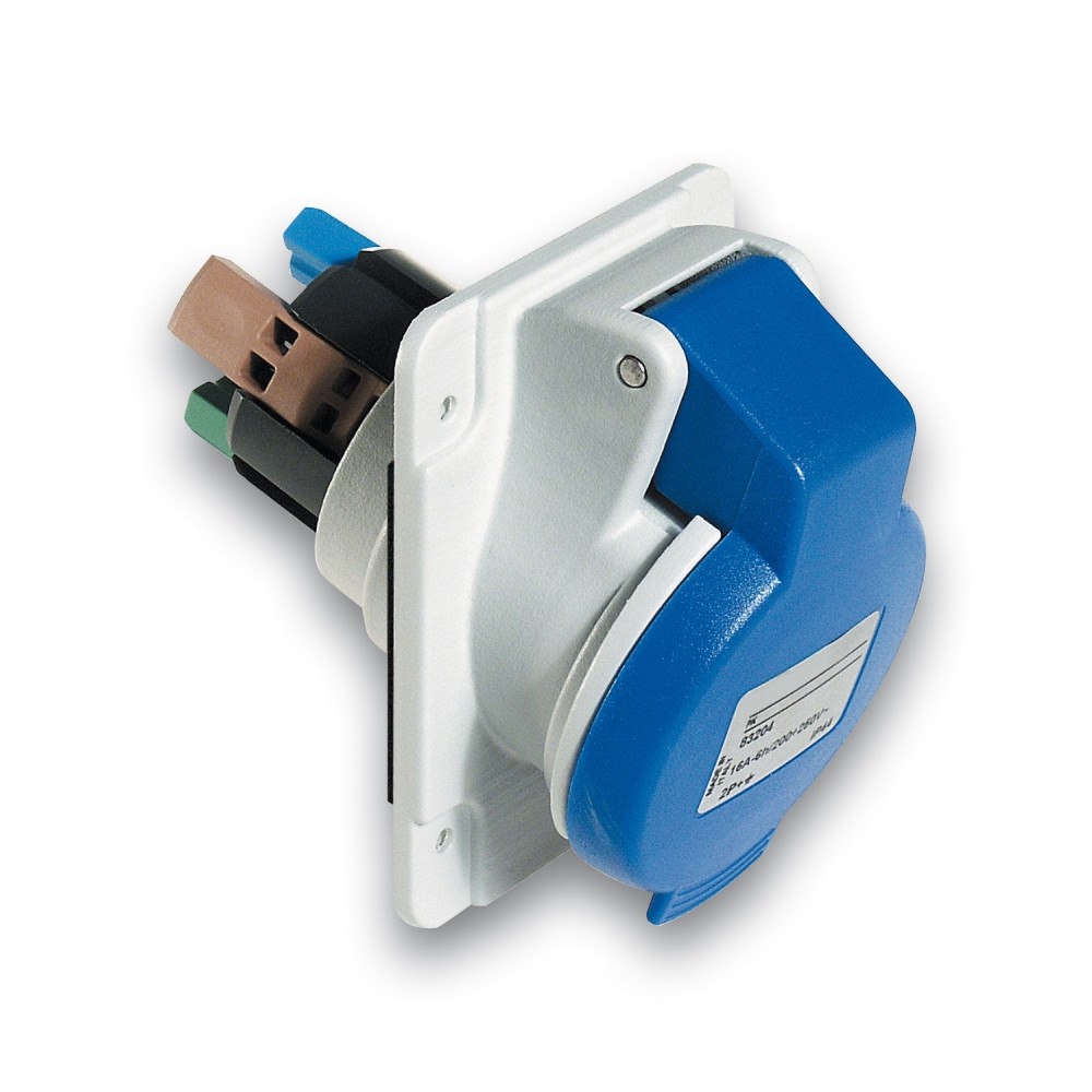 TOMA INDUSTRIAL EMPOTRADO 2P+T 32A 250VAC AZUL 6H IP44 PKY32F423