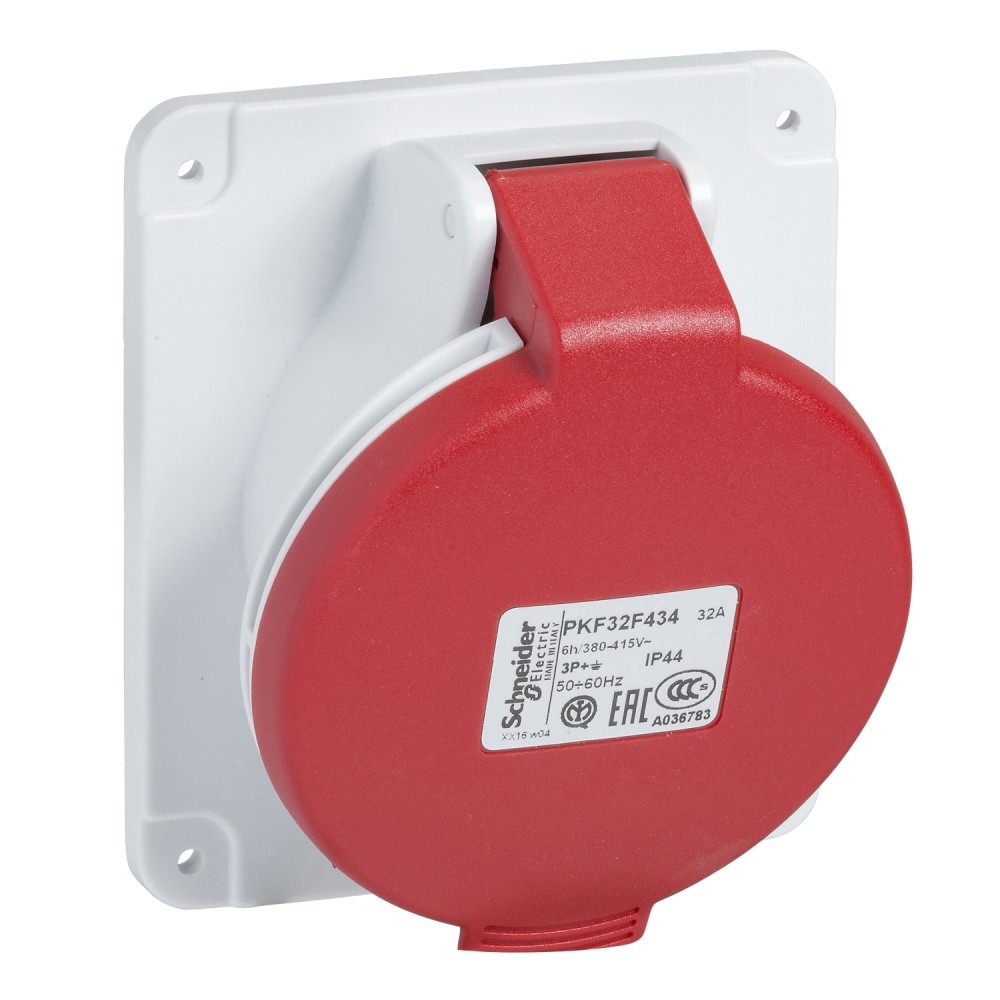 TOMA INDUSTRIAL EMPOTRADO 3P+T 32A 380/415VAC ROJO 6H IP44 PKF32F434