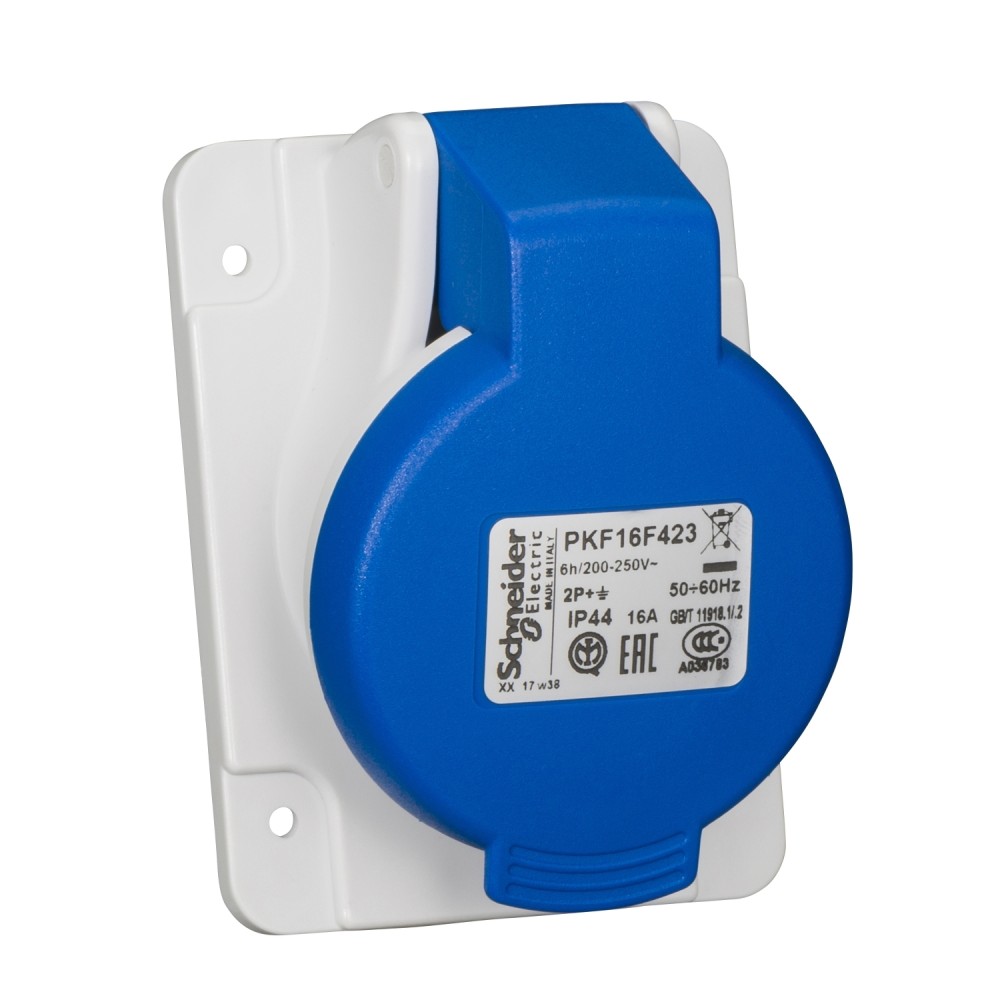 TOMA INDUSTRIAL EMPOTRADO 2P+T 16A 250VAC AZUL 6H IP44 PKF16F423