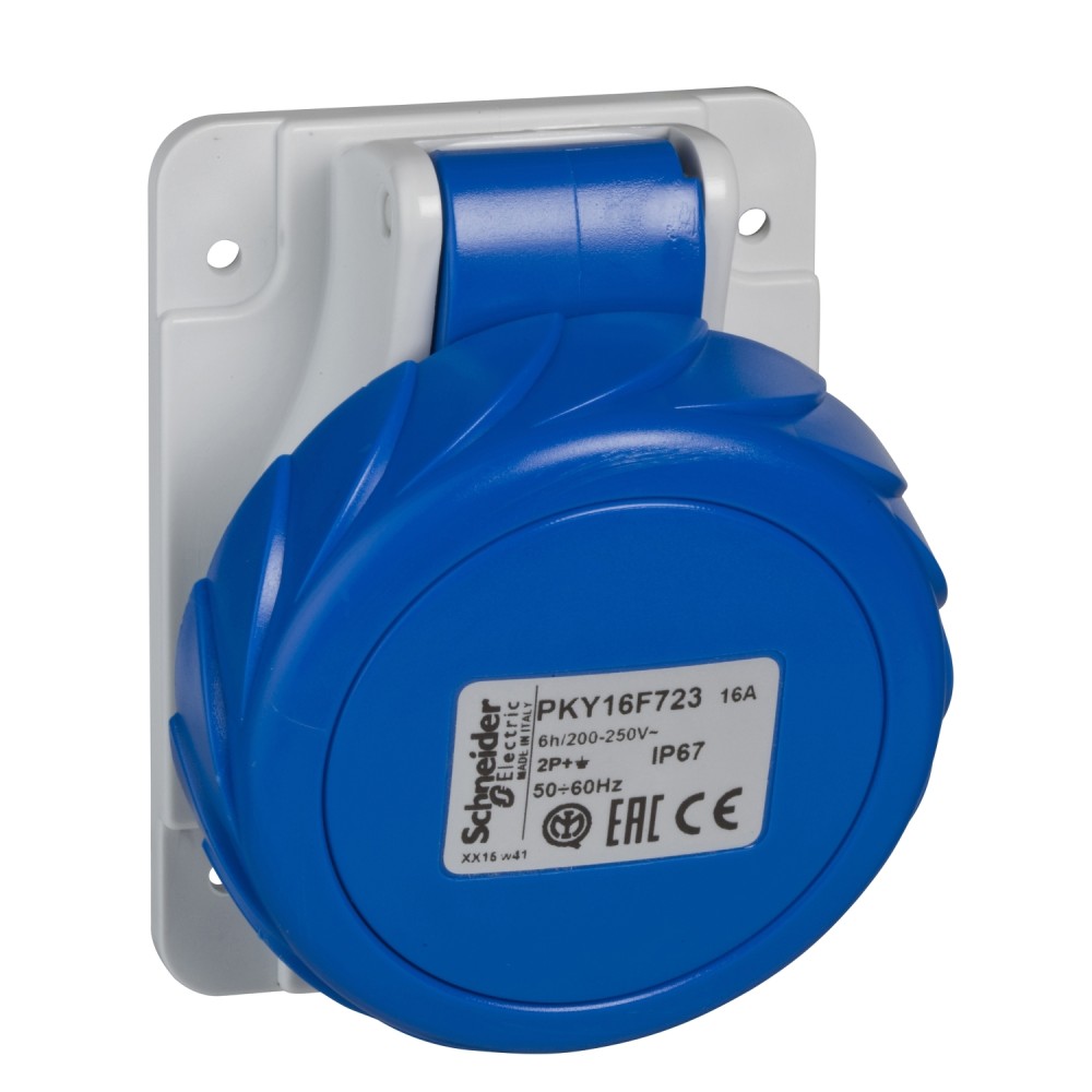 TOMA INDUSTRIAL EMPOTRADO 2P+T 16A 250VAC AZUL 6H IP67 PKY16F723