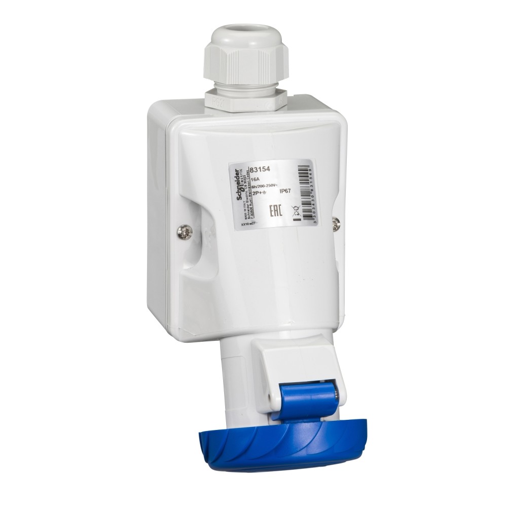 TOMACORRIENTE IND. SOBREPONER C/CAJA DE PASO  2X 16A 2PT 200-250V IP67 50-60Hz AZUL